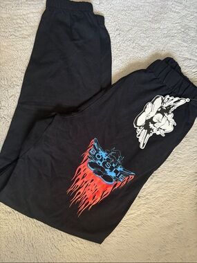 NWT Boys Lie Black Graphic Joggers with Red & Blue Flame Print